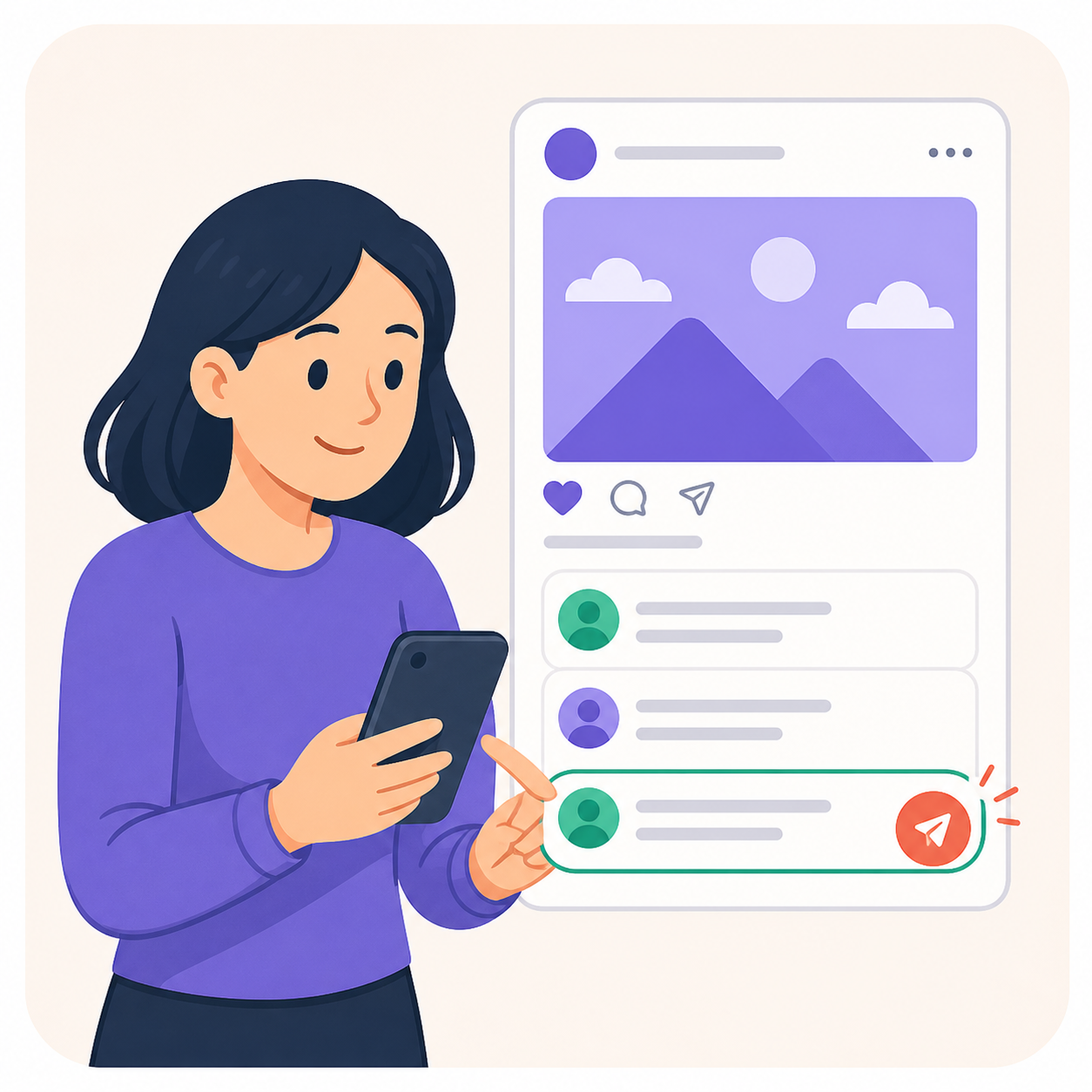 人がスマートフォンからコメントを投稿するイラスト